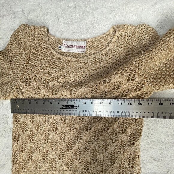 Vintage Castleberry London New York Size 10 Crochet Knit Puff Sleeve Sweater Tan - Picture 6 of 9